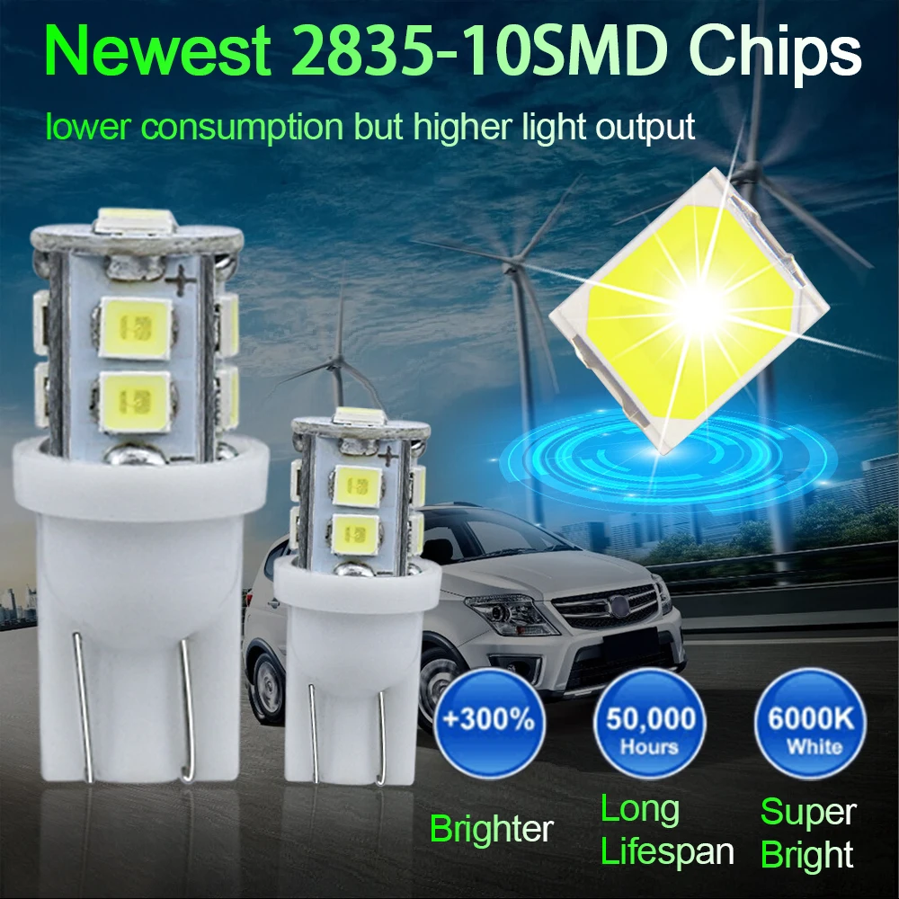 500 шт. T10 194 168 W5W 2835SMD-10 светодиодный Автомобильный светодиодный лампы авто Интерьер светильник чтения парковка купол сигнала бортовой светильник белый 12В оптом