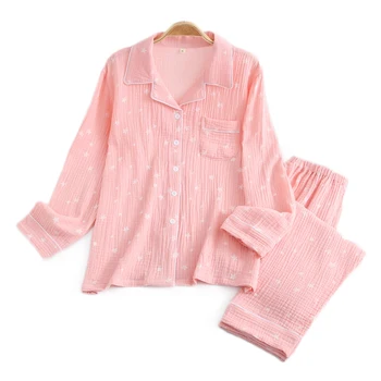 

Fashion stars Couples pyjamas 100% crepe cotton lovers pajama sets women and men new long sleeve casual sleepwear men 2020