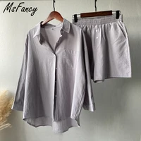 Msfancy lato dwuczęściowy zestaw kobiet 2021 bawełniane spodenki zestawy Vintage Boho obszerna koszula wysokiej talii luźne spodenki Mujer zestawy 5