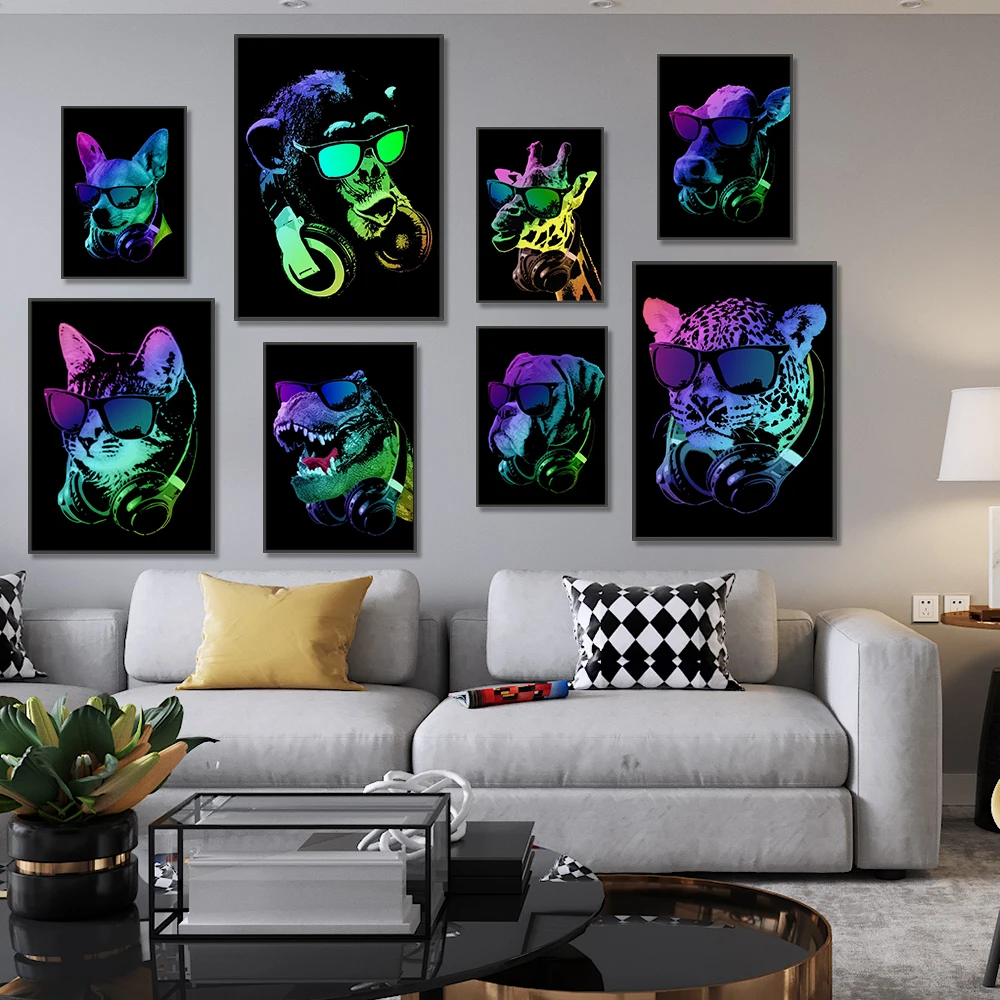 Neon style cool Dj animals Leopard Dog Orangutan Wall Art Canvas Poster Print Picture Home Living Room Decoration Painting
