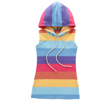

Kids Baby Girl 1T-7T Summer Clothes Rainbow Stripe Outfit Hooded Dress Sunsuit