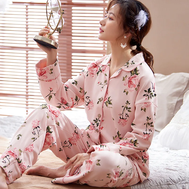 

77137 # Powder Peony Cardigan Am Long Sleeve Pajamas Pure Cotton Homewear Set Plus-sized