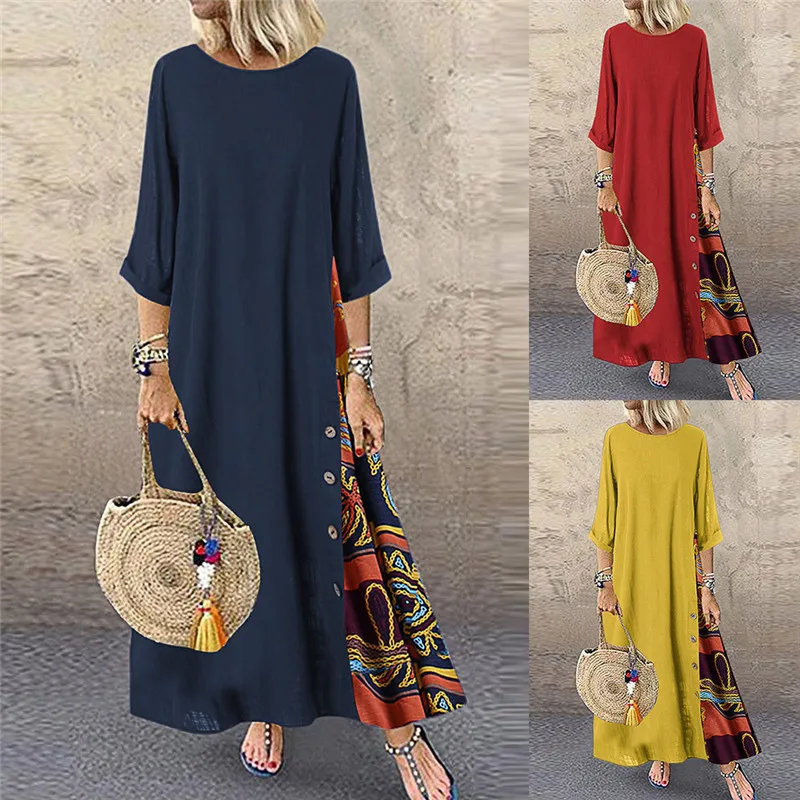 

Women Dress Casual Patchwork 3/4 Sleeves O-Neck Button High Low Hem Plus Size Dress