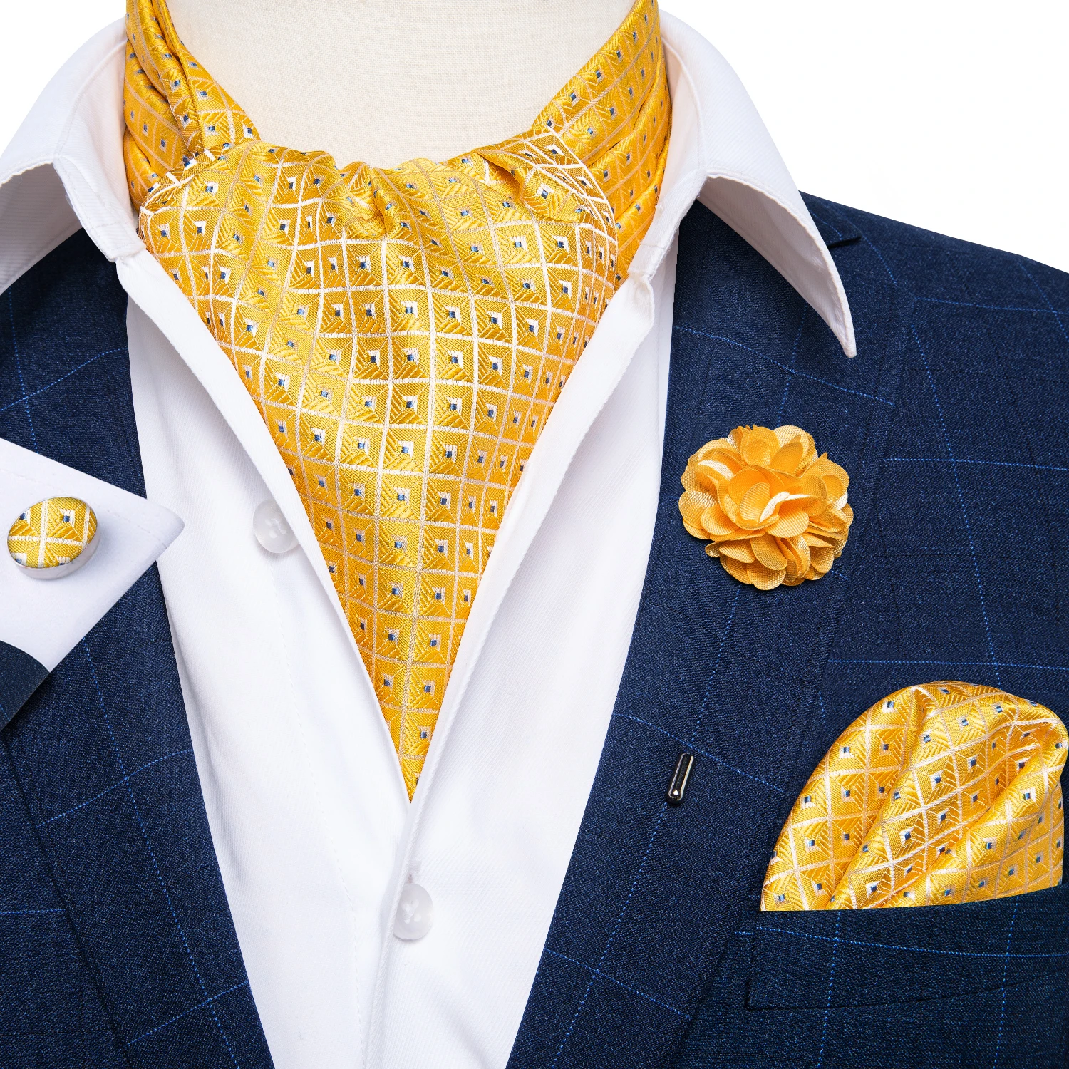 Klassische Hochzeits-Ascot-Krawatte für Herren, Gelb-Gold-Rot, Paisley-Blumenmuster, Schal, Krawatte, Brosche, Set, Ascot-Krawatte für Bankette – Detail 9