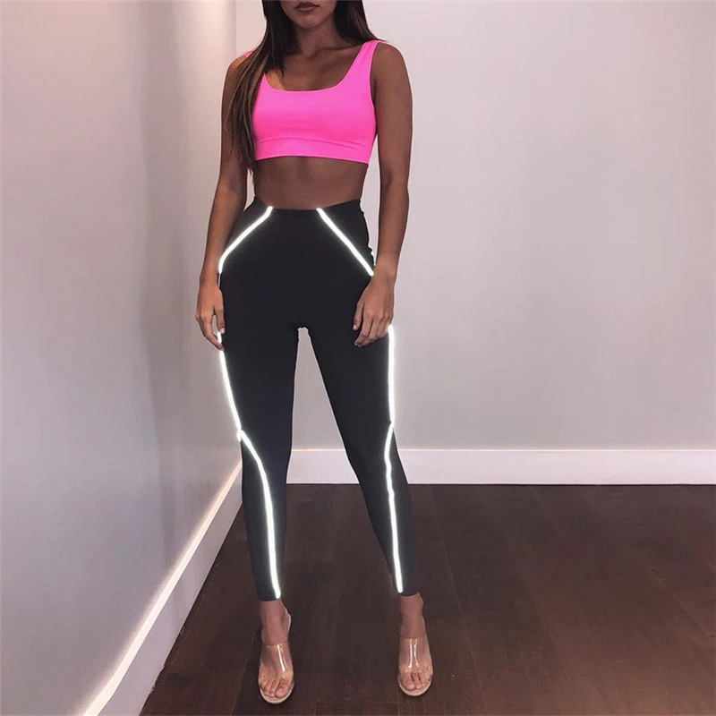 

Women Pants Flash Reflective Female Fitness Leggings Black Workout Splice Casual Sexy High Waist Club Party Streetwear Solid New