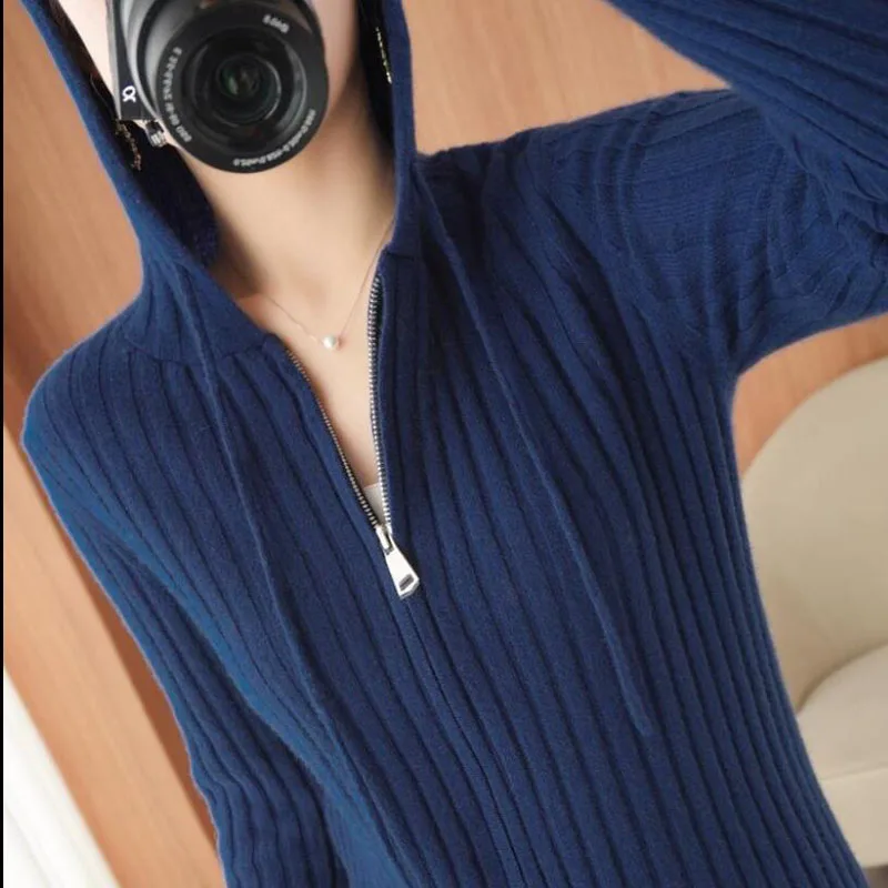 

Women Spring 2021 New Sweater Hooded Jacket Female Zipper Cardigan Version Loose Jacket Vertical Striped Sweater Knit Coat A617