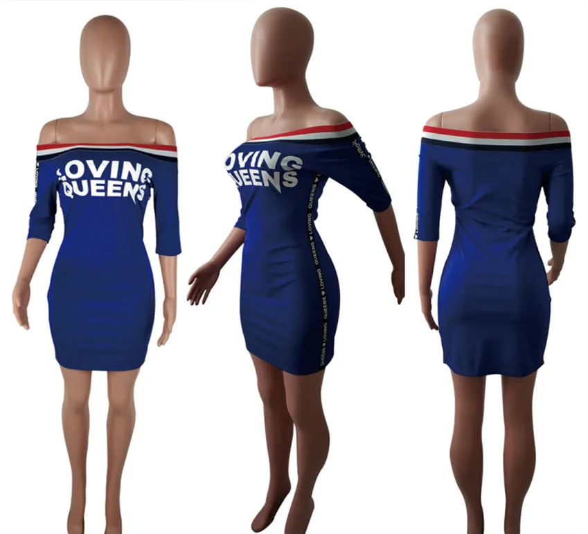 4 Colors! Fashion Women Slash Neck Sexy Slim Dress Summer Letter Print Sexy Bodycon Bandage Dress Vestidos SQ5080 - Цвет: Синий