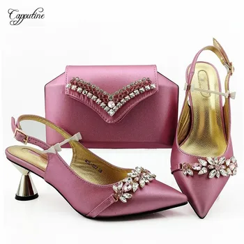 

Nice pink with stones pointed toe shoes and evening bag set for wedding/party QSL022 ,heel height 7 cm
