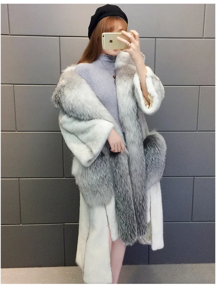cross mink Натуральная норковая теплая меховая куртка, настоящая норковая шуба, натуральный цвет, Женский натуральный мех лисы, большой размер, роскошная удлиненная - Цвет: cross mink