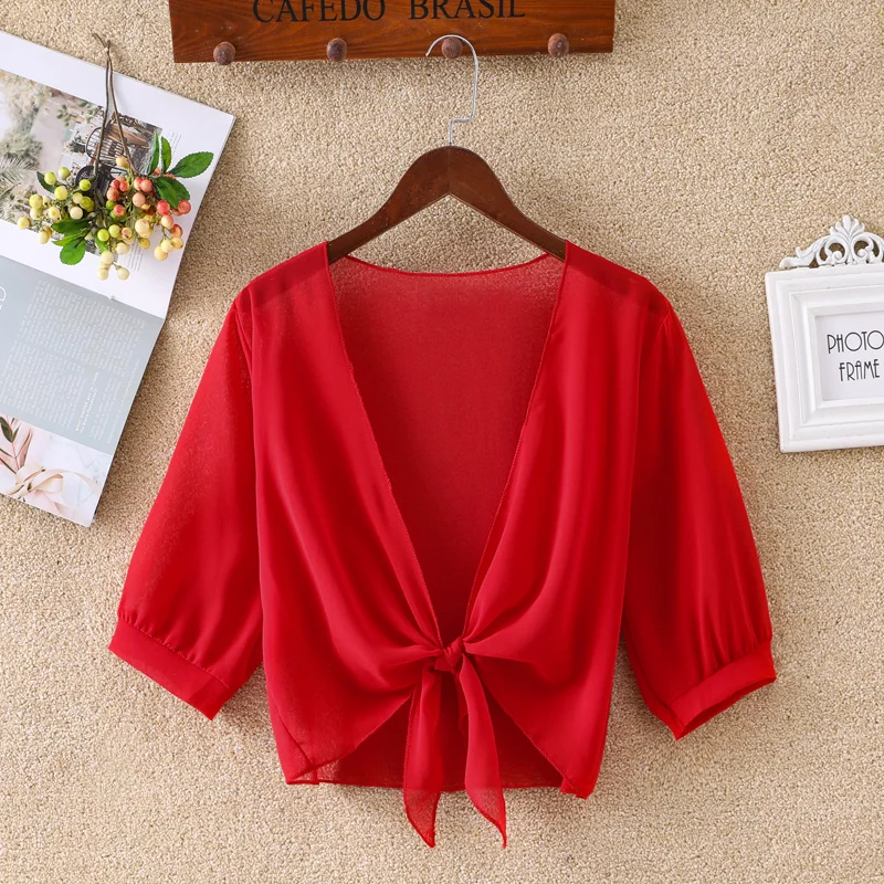 Fashion Women Wrap Jacket Half Sleeve Sheer Soft Chiffon Bolero Shrug