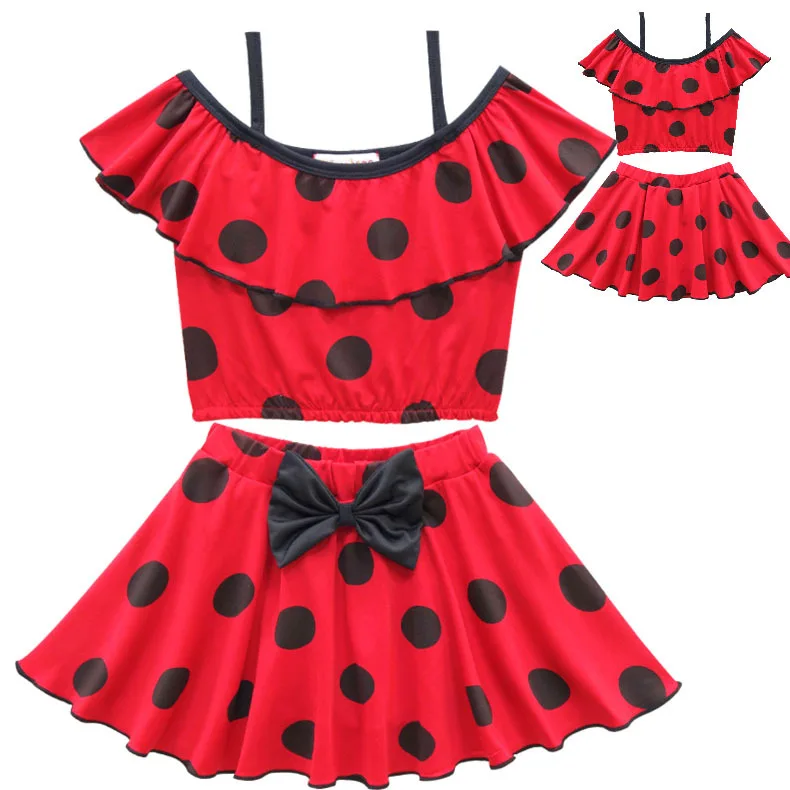 Комплект одежды с платьем для маленьких девочек от 2 до 10 лет, летний купальный костюм с изображением божьей коровки из мультфильма, милый красный детский пляжный бикини в горошек