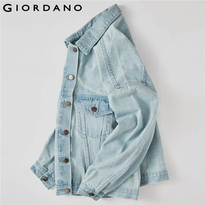 Giordano женские куртки хлопок двойные карманы с клапанами джинсовая куртка отложной воротник с пуговицами однотонные Casaco Feminino 99379679