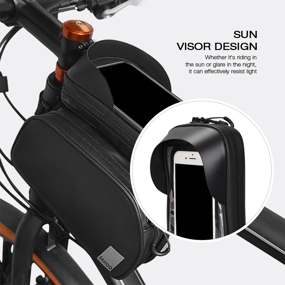 SAHOO Bike Bag Bicycle Phone Tube Double Bag Frame Pouch Bag With Fingerprint Unlock Sun Visor Night Reflective