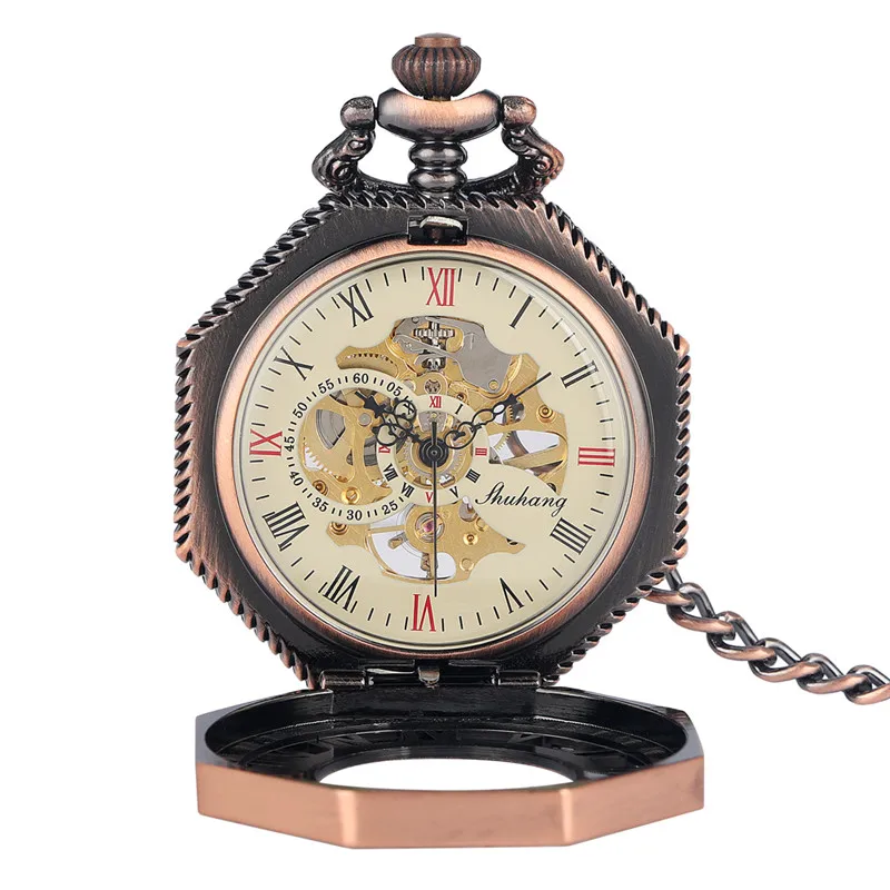 Vintage Red Copper Octagon Design Clock Skeleton Handwinding Mechanical Pocket Watch for Men Women Roman Number Half Huner Chain