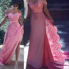 

2022 Long Pink Prom Dress Off Shoulder With Lace Applique Guest Dress Back Zipper Court Train Evening Gowns