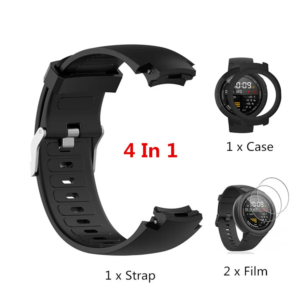 Black Для Huami Amazfit Verge дышащий ремешок для часов+ упрочненная пленка+ TPU Рамка для часов прозрачная защитная пленка для экрана Аксессуары для часов - Цвет: Black