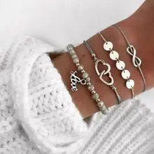 4 шт./компл. модные Винтаж Двойное сердце из бисера подвеской в виде буквы Лаки 8 Плетеный браслет набор Для женщин богемные ювелирные изделия