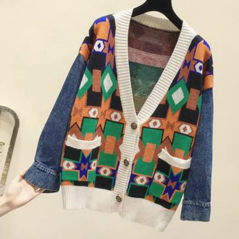 Loose V-Neck Long Sleeve Women Tops Autumn Winter New Fashion Pattern Denim Patchwork Knitting Sweater Cardigan Q027