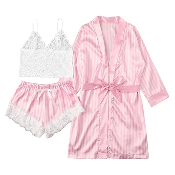 

3PC Women Lace Satin Wireless Bra Camisole Shorts Pajamas Sleepwear Stripe Robe Nightgowns Silk pijama mujer пижама женская