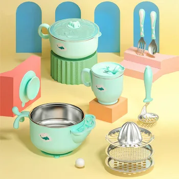 

Water injection insulation bowl infant child stainless steel bowl spoon grinding complementary food bowl baby eating sucker bowl