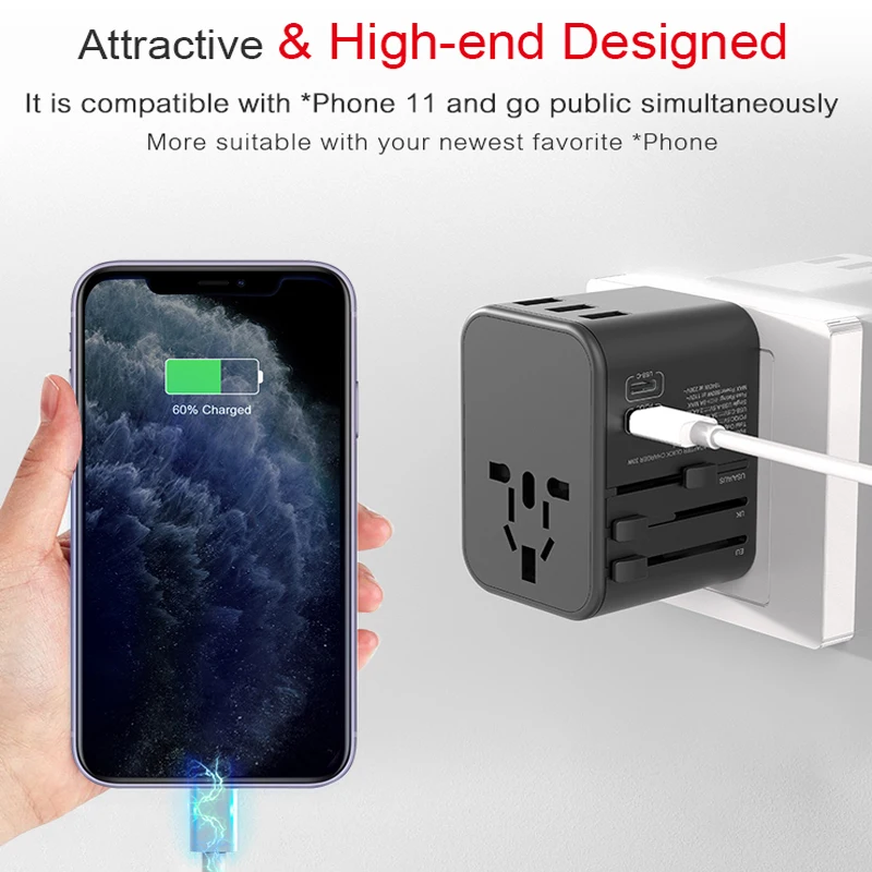 Full Black Универсальный адаптер для путешествий с двумя usb c PD18w дорожный адаптер по всему миру дорожная розетка для iPhone Xs Max iPhone 8 plus - Цвет: Full Black