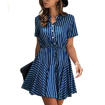 

2020 New Dresses female Leopard Stripe Print A-Line dress Fashion Short dresses Summer Short Sleeve Shirt Dresses for women