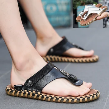 

Handmade Summer Luxury Brand 2020 Men's Slippers High Quality Leather Flip Flops Fashion Beach Sandals Shoes For men White Black