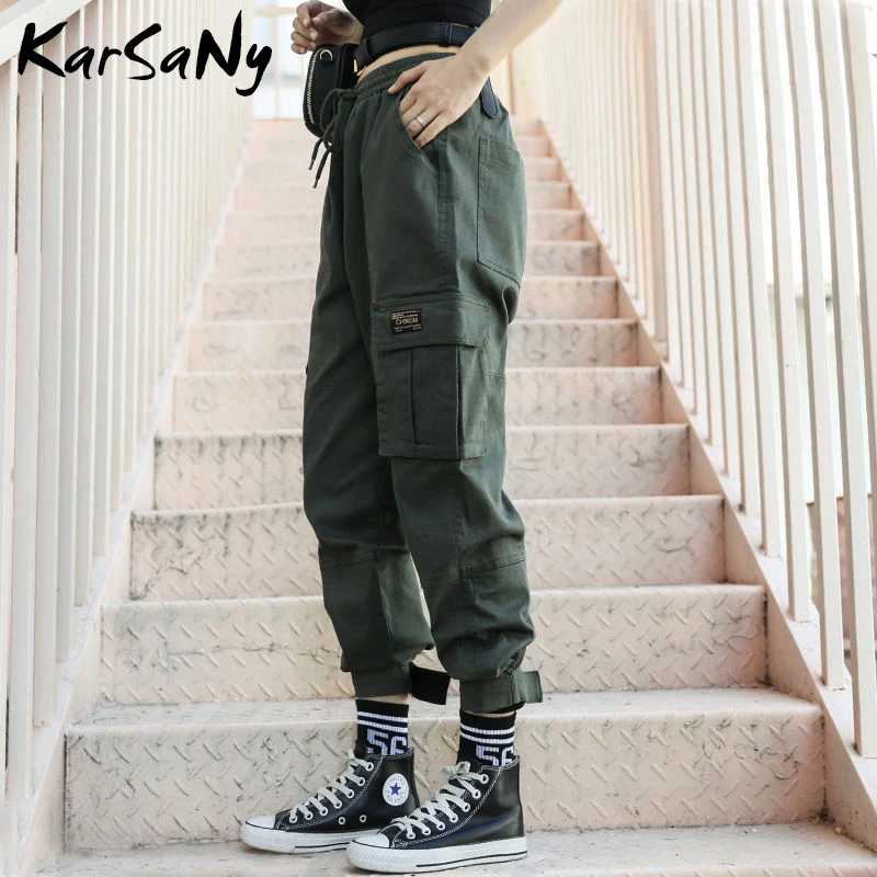 KarSaNy брюки карго женские с высокой талией эластичные прямые женские спортивные штаны с карманами Pantalon Cargo Femme Grande Taille брюки - Цвет: Army green