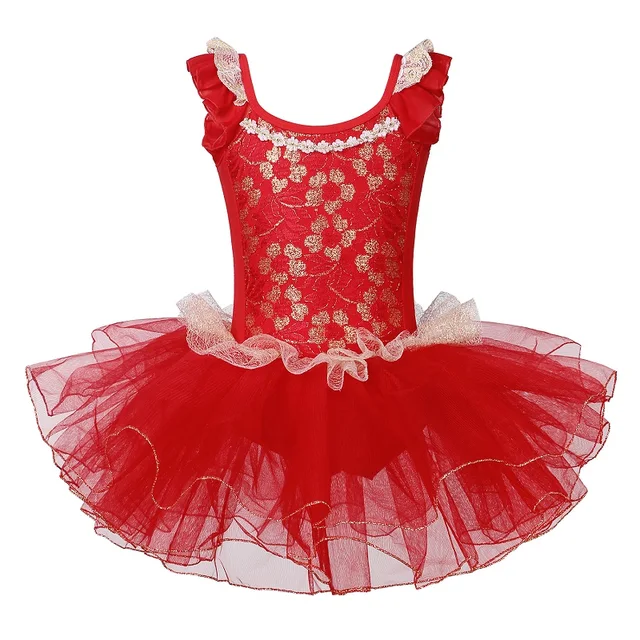 BAOHULU Girls Ballet Tutu Tulle Dress Sleeveless Gymnastics Leotard Diamond Pink Bow Pattern Ballet Leotard For Girl Ballerina B204 Red