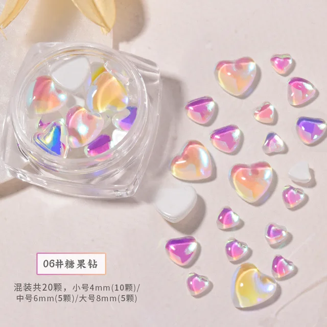 FlorVida 20pcs Sweet Heart Mermaid Rhinestone Beads Holographic Crystal Gems Stones For Nail Art Decorations Mix Size Box Kawaii 20pcs Heart 06