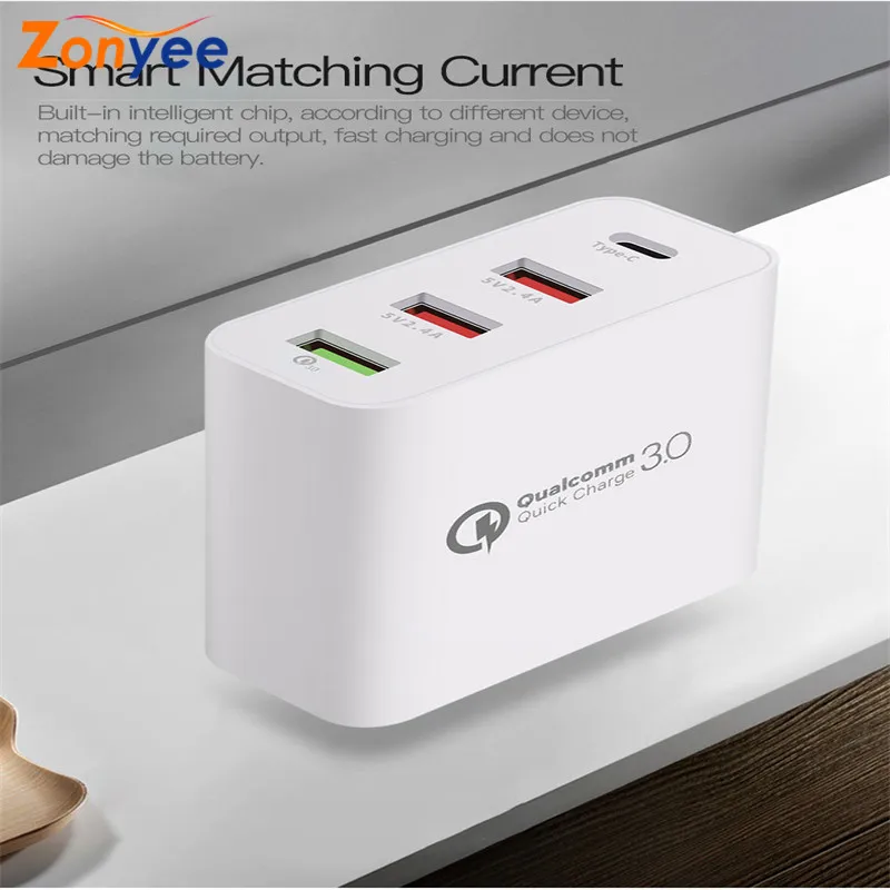 

36W Fast Charger 3.0 USB-C Charger Adapter with 1 Type-C port and 3 USB Ports USB Power Adapter for Phone Tablet Speed Charging