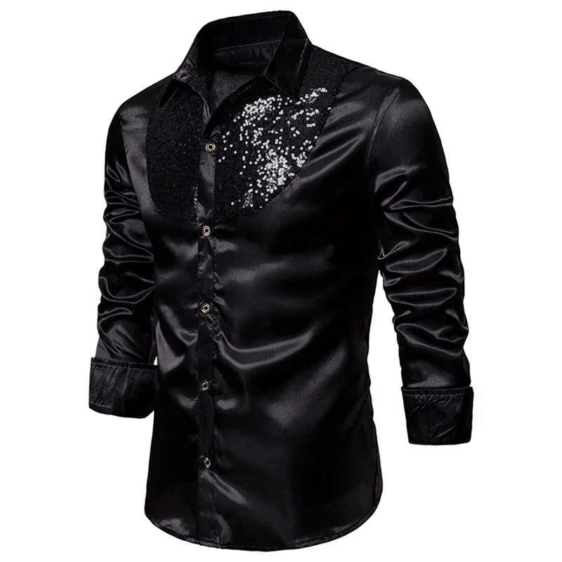 black 2 JODIMITTY, мужские роскошные блестящие рубашки с блестками, новинка, атласные блестящие вечерние рубашки с длинным рукавом для дискотеки, Мужской Топ для сцены, танцев, выпускного, костюм, подходит - Цвет: black 2