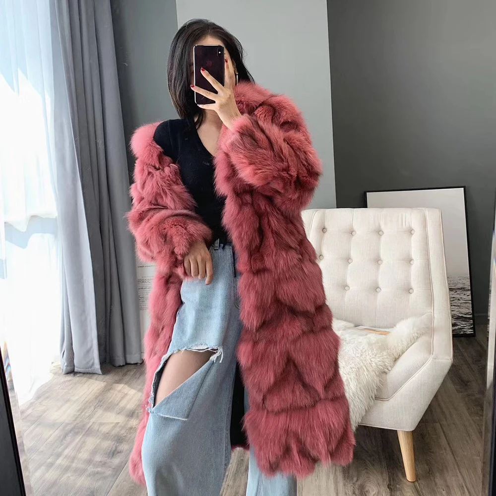 Purplish red Зимняя шуба из натурального Лисьего меха женская Новая модная куртка из натурального меха длинное пальто плюс размер шикарная одежда толстая теплая уличная - Цвет: Purplish red