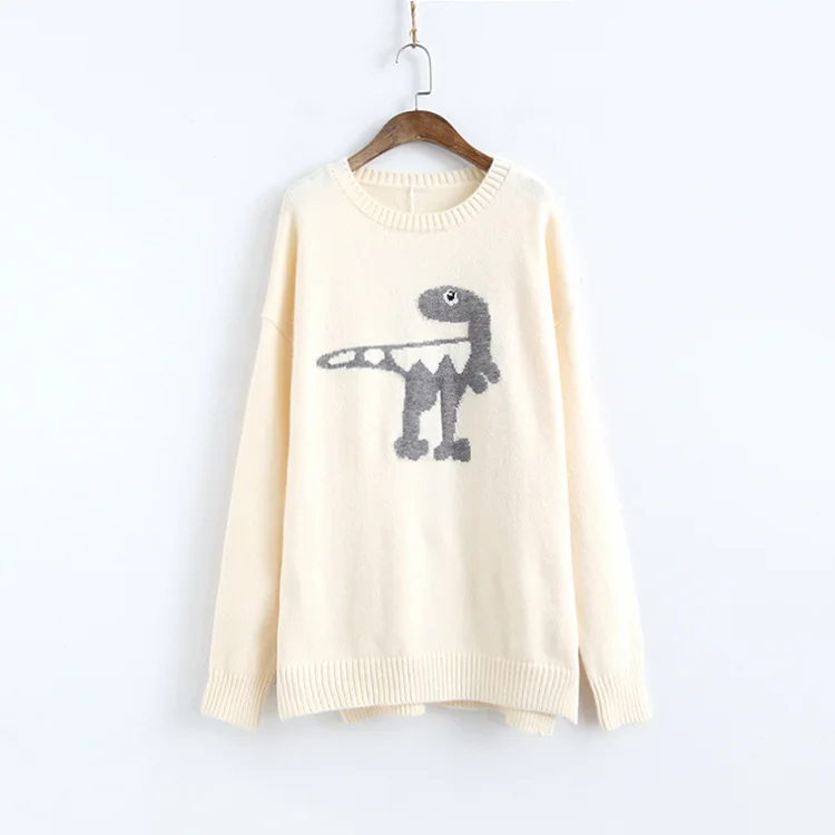 HF19288 Beige H. SA, женские зимние шикарные свитера с длинным рукавом, Kawaii, вязаный джемпер оверсайз, уличная одежда, пуловеры с динозаврами, топы - Цвет: HF19288 Beige