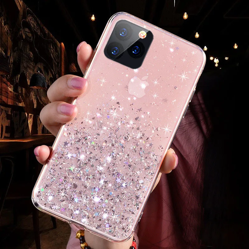 pink Роскошный блестящий Блестящий Звездный чехол для телефона для iphone X XR 11 Pro XS MAX 6 6S 7 8 Plus Блестящий Прозрачный мягкий ТПУ чехол - Цвет: pink