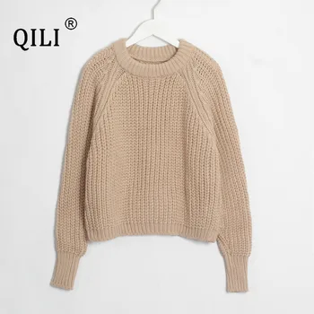 

QILI Winter Women Pullovers Solid Knitting Sweaters O-neck Long Sleeve Stretch Sweater Keep Warm Winter Pullovers One Size