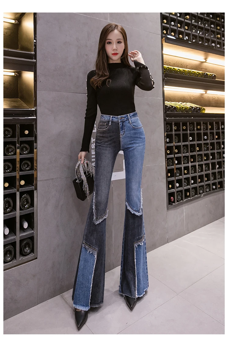 Vintage Patchwork Flared Jeans Ladies Stretch High Waist Skinny Boot-Cut Denim Trousers Mujer Fashion Denim Pants For Women 2021 gap jeans