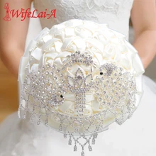 WifeLai-A High Quality Ivory Silk Rose Wedding Bouquet Bride Diamond Holding Flowers Artificial Flower Bridesmaid Bouquet W2031