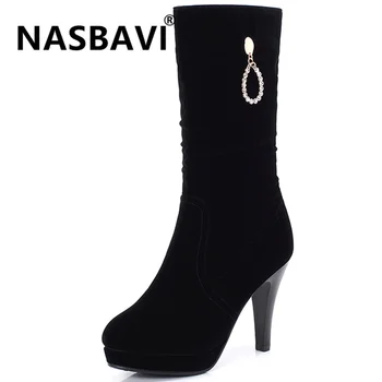 

NASBAVI 2019 new hot top quality Suede boots women high heels Fine heel boots for women Pointed autumn winter shoes