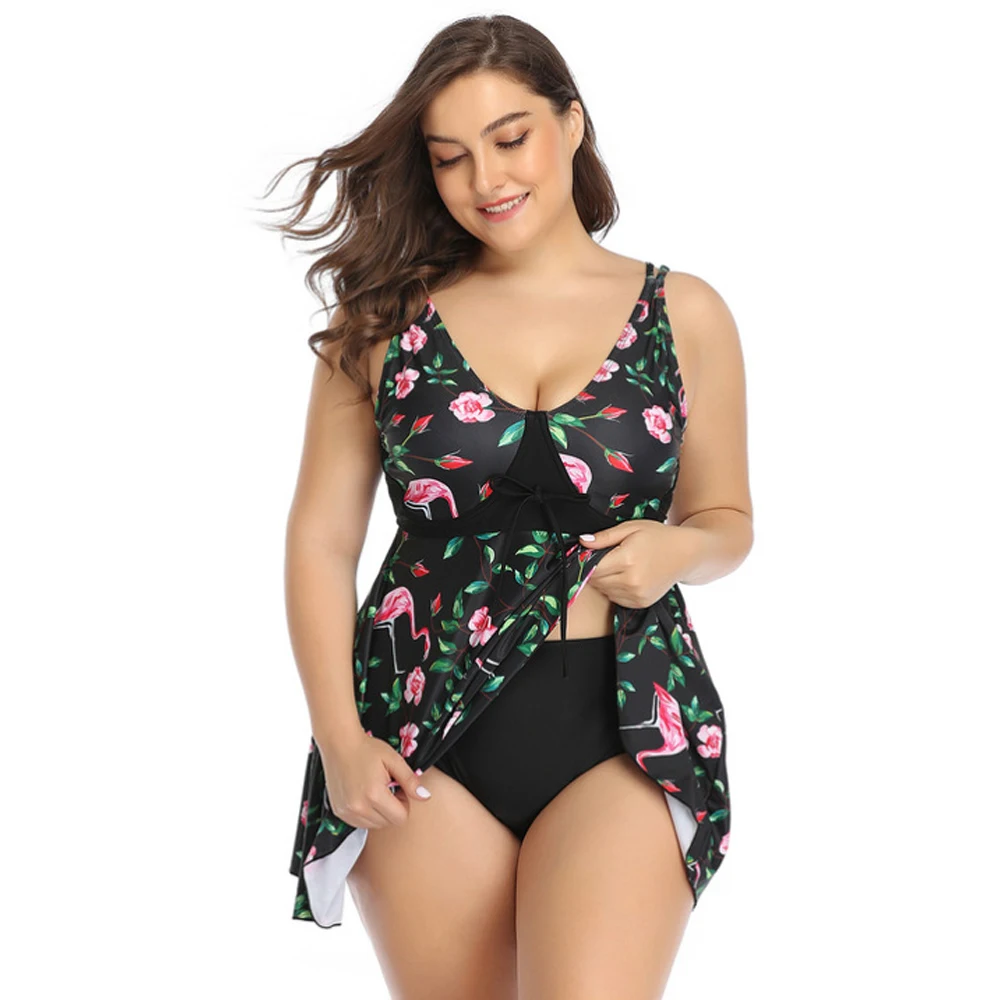 

Flamingo Print Tankini Swimsuit Women Swim Skirt Plus Size Two Piece Swimwear 2020 Bikini Vintage Large Size Swim Beach wear 4xl