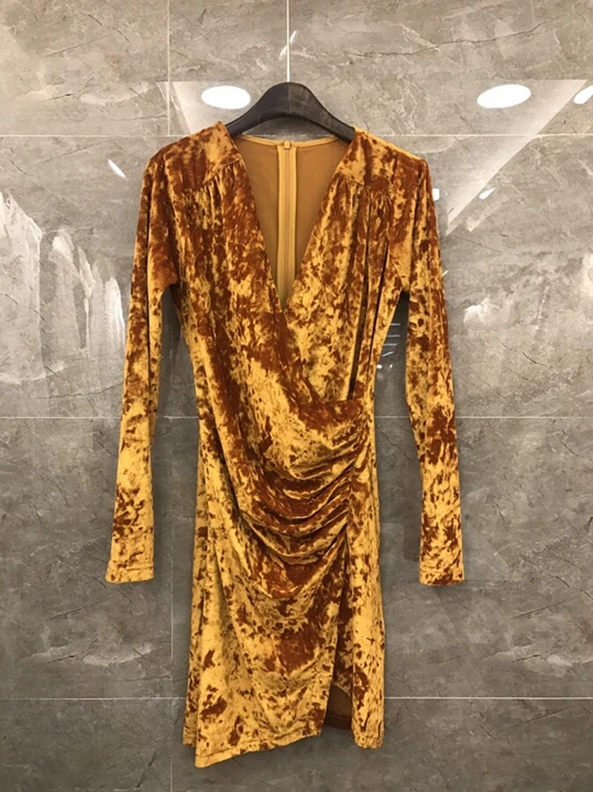 100%Velvet Dress Autumn Winter Sexy Party Green Black Golden Dress Women Deep V-Neck Ruffle Sexy Casual Club Dress Ladies