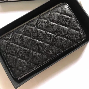 

caviar Cow leather women long wallet Fashion Black purse Money card bag for Females