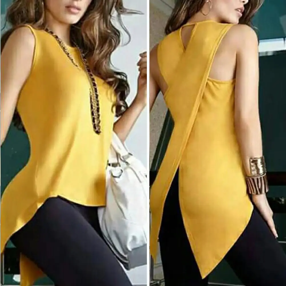 

T-shirt Women 2019 Summer Style Hollow Out Back Split Irregular Sleeveless Tshirt Sexy Back Irregular Solid Color Sleeveless