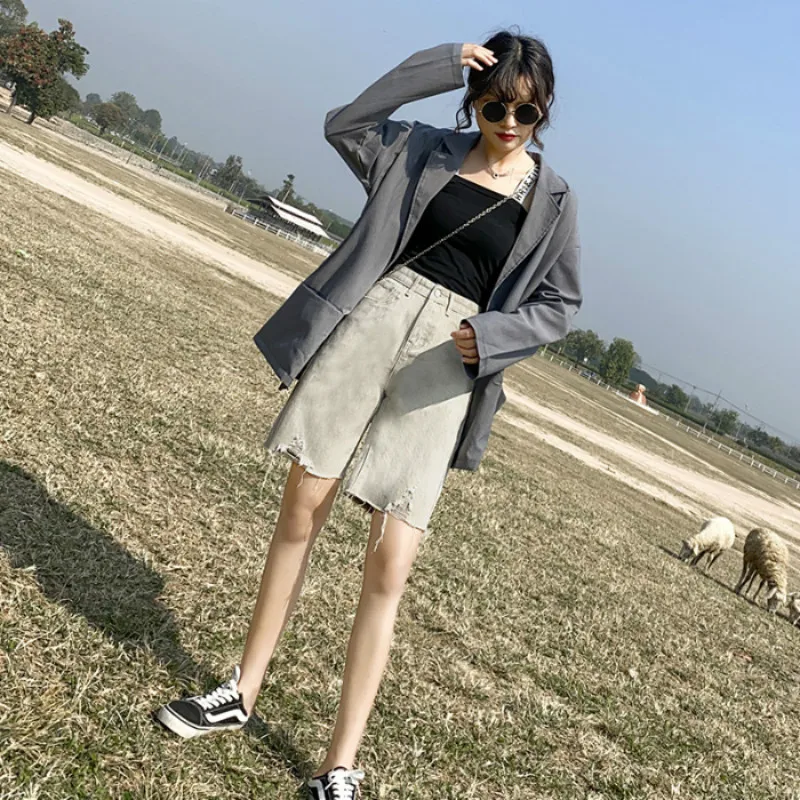 Женские джинсовые шорты цвета хаки летние с высокой талией|Шорты| |