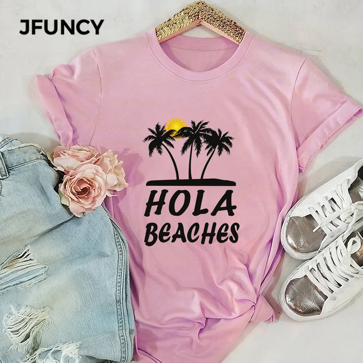 JFUNCY женские футболки Hola пляжи Кокосовая пальма принт Женская хлопковая Футболка Harajuku женские рубашки верхняя одежда Camiseta Mujer