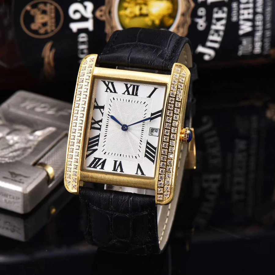 

High Quality Brand CAR Watches Mens Rhinestone Square Wrist Watch Man Luxury Business Quartz Leather Strap Waterproof Watch