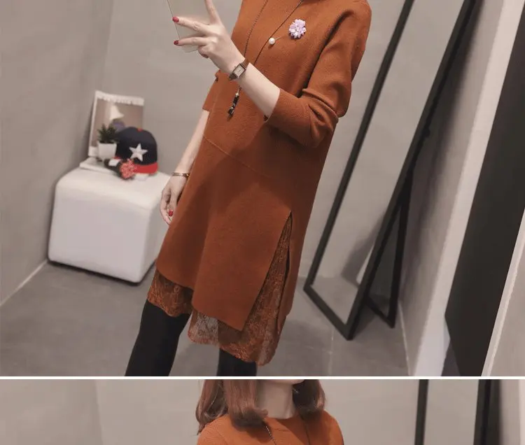 Fashion lace pleated dress top autumn new dress women's long sleeve straight cute split dress