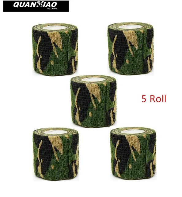 QuanMiao 5 Roll Camouflage Tape Self-adhesive Wrap Military Camo Stretch Bandage for Gun Rifle Camping Hunting Equipment 4Colour Woodland Camo