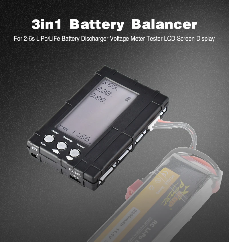 3in1 Battery Balancer LiPo/LiFe 2-6s Balancing Discharger Voltage Meter Tester LCD Screen Display JST Connector for RC Model