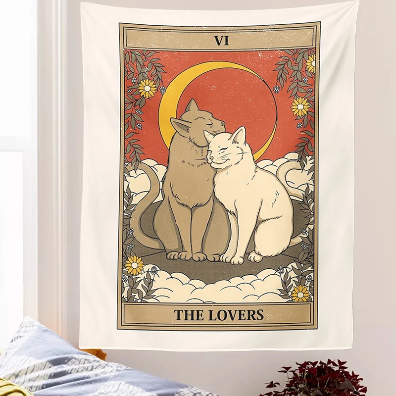 Cat Divination Witchcraft Tarot Card Tapestry Wall Hanging Tapestries Baphomet Occult Home Wall Moon phase Mat Decor Cat Coven Tapestry Decorations